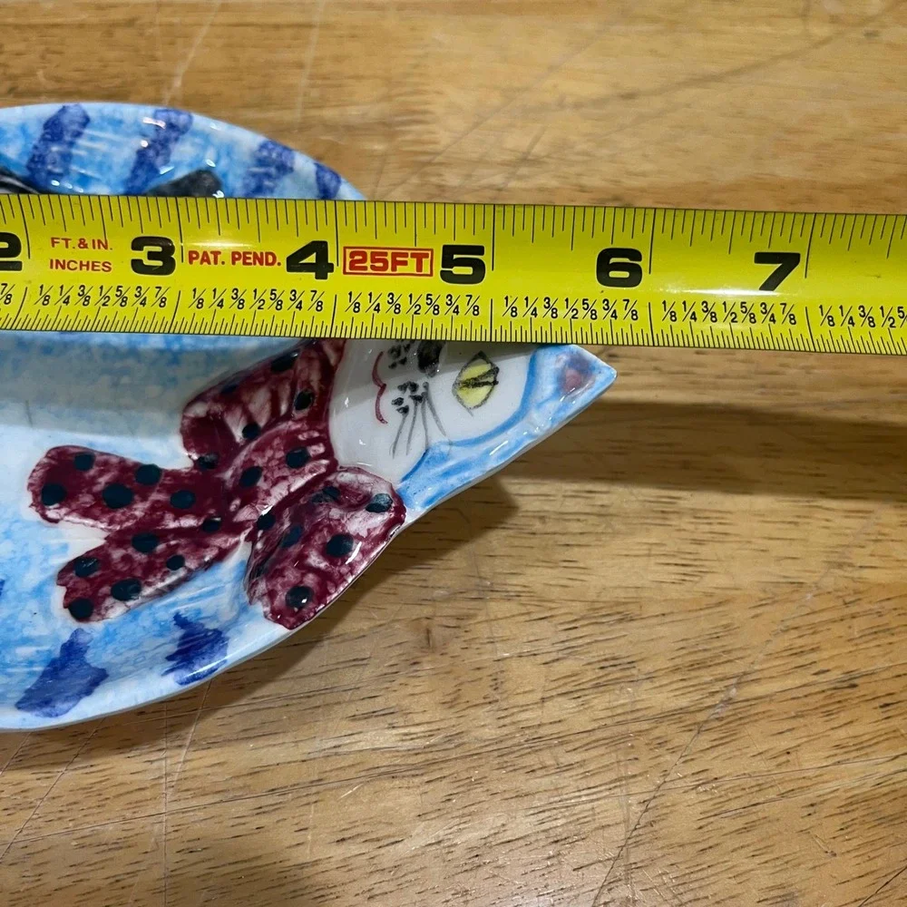 Vtg‎ Reading China & Glass Italy Ceramic Blue Cat Trinket Dish Kitschy Folk Art